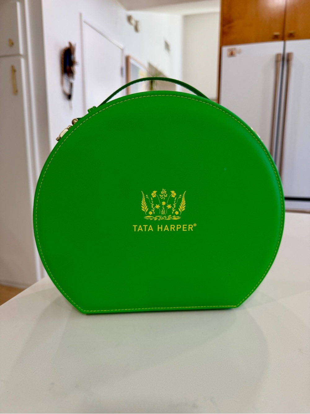 Tata Harper Bright Green Round Cosmetic Case with Gold Logo